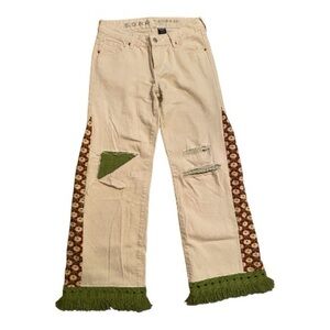 Upcycled Beige Jeans with Green Fringe and Patterned Accents